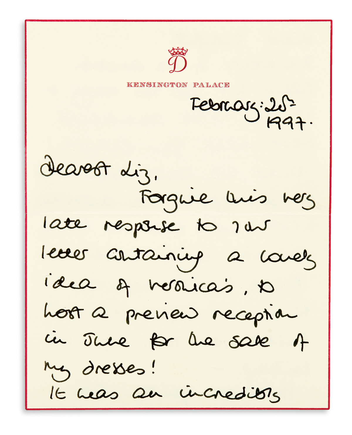 DIANA; PRINCESS OF WALES. Group of 6 Autograph Letters Signed, Diana, to Harpers Bazaar editor Elizabeth Tilberis,